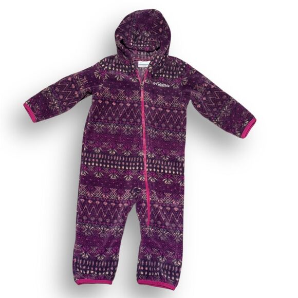 Columbia Fleece Baby Bunting Pink Purple Cozy One Piece Snuggly Nordic Pattern - Picture 2 of 8